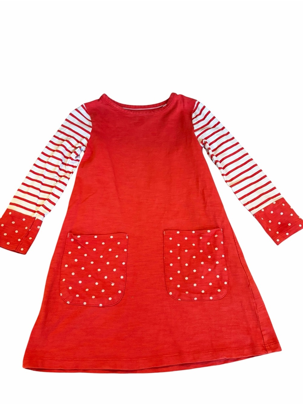 Mini Boden Hopscotch 6-7 Red Dress with Striped Sleeves and Polka Dot Pockets